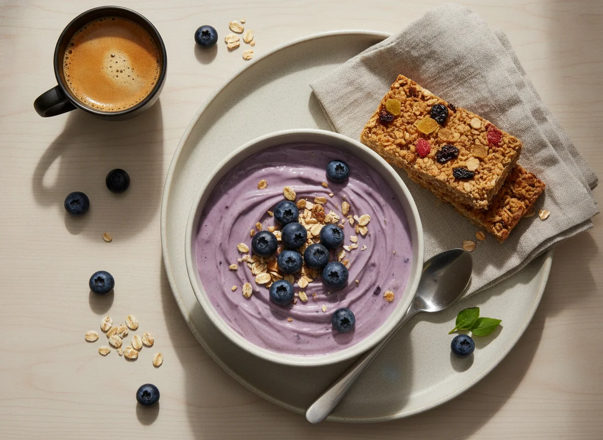 Pequeno-almoço com iogurte proteico, barra de cereais e café photo