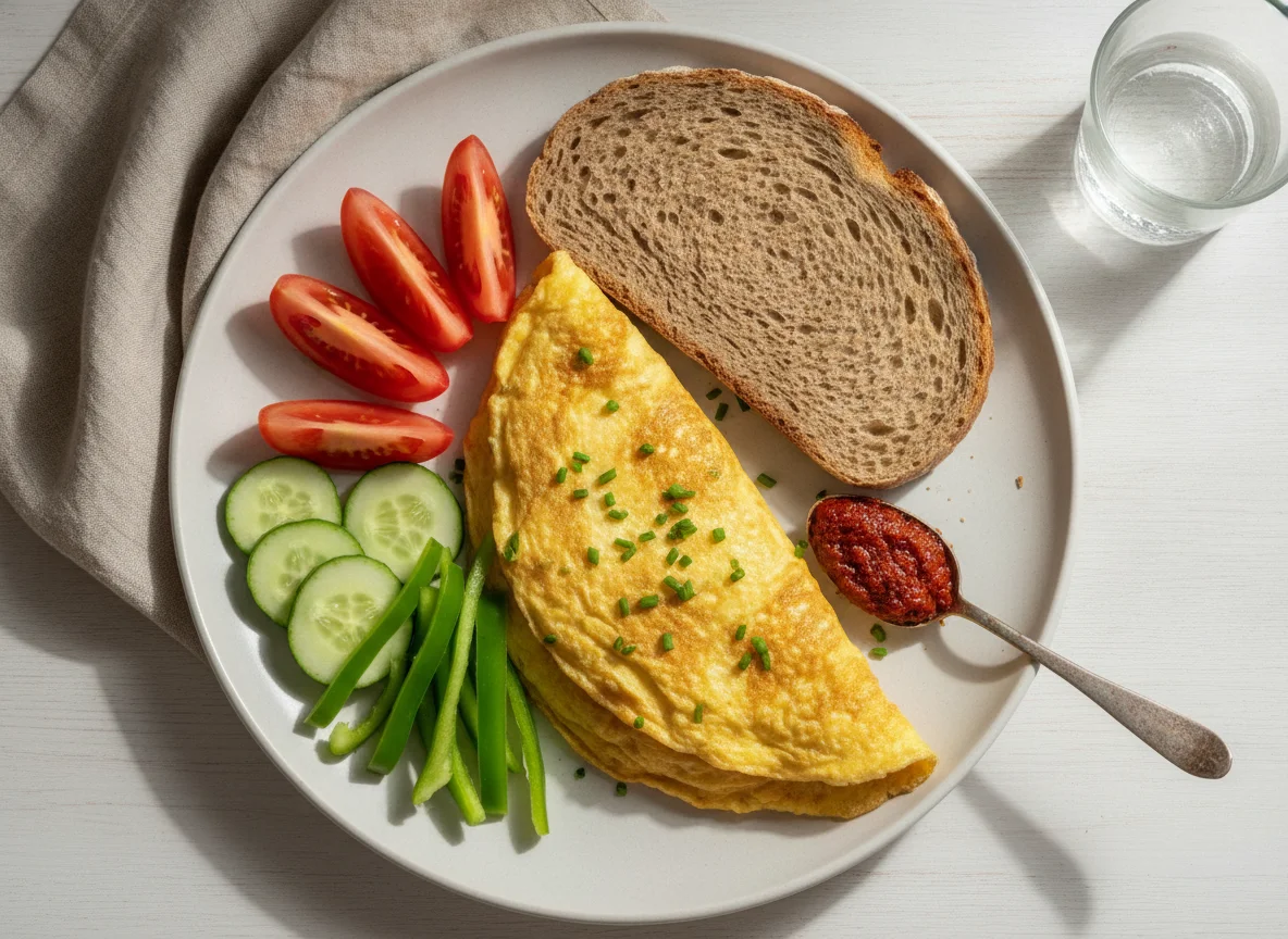 Pequeno-almoço com omelete, pão e vegetais photo