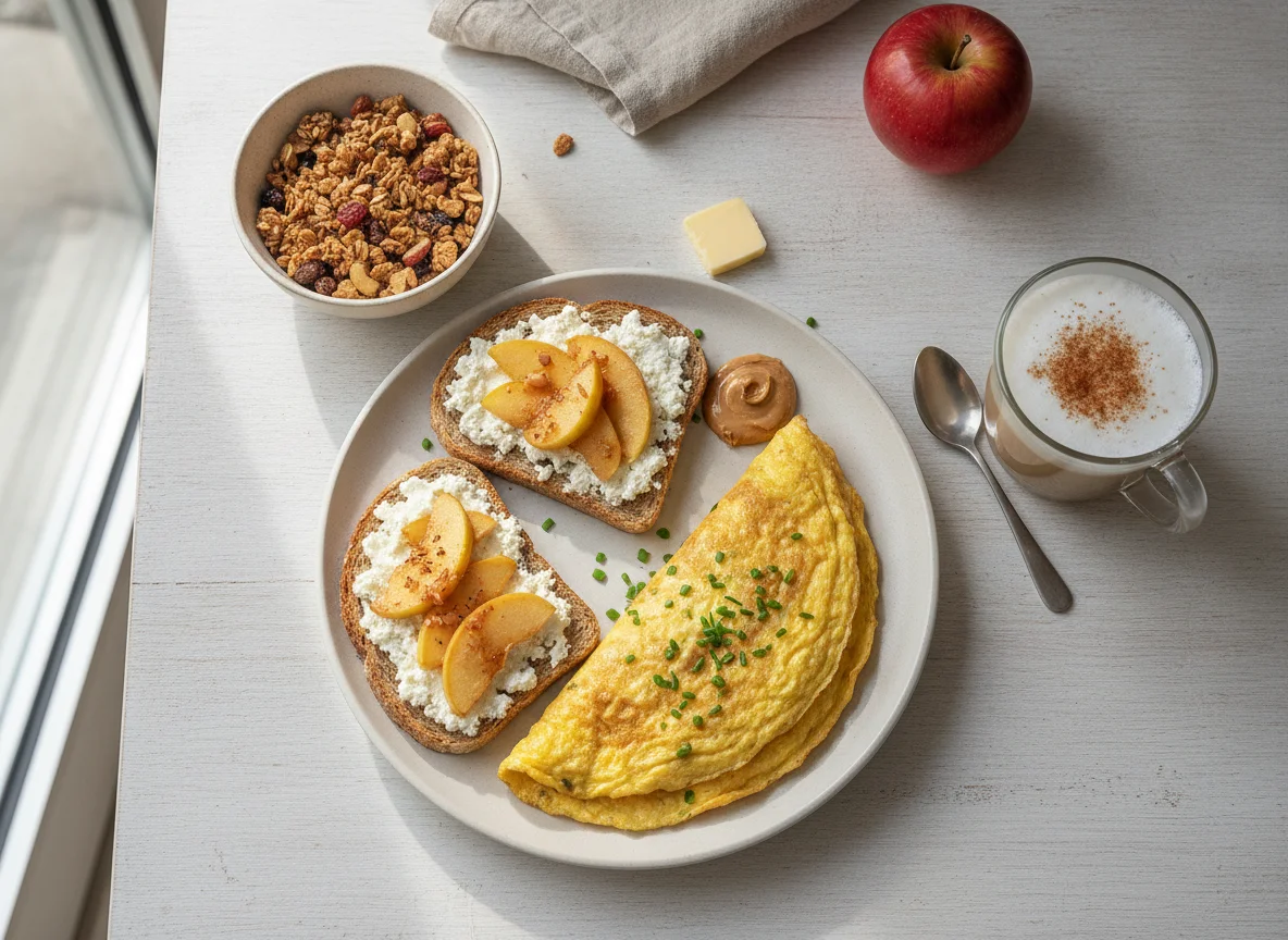 Pequeno-almoço com omelete, torrada com queijo cottage e maçã photo