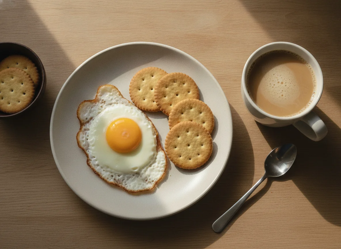 Pequeno-almoço com ovo estrelado, café e bolachas photo