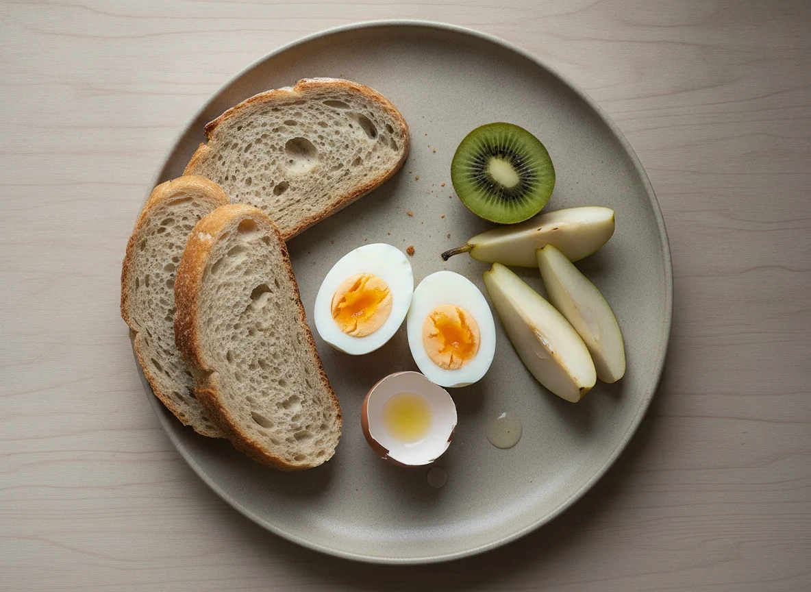 Pequeno-almoço com ovos cozidos, pão e fruta photo