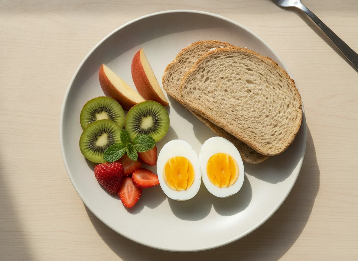 Pequeno-almoço com ovos cozidos, pão integral e fruta photo