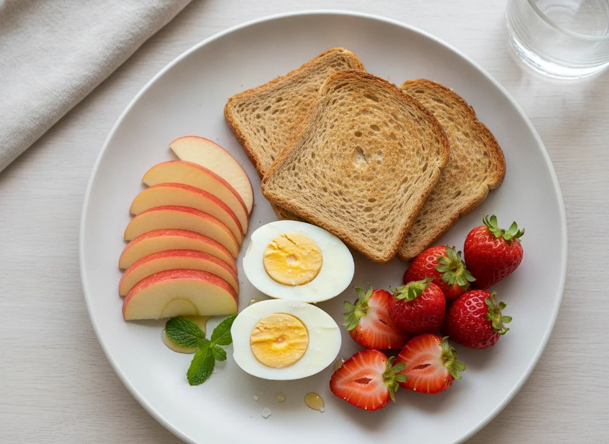 Pequeno-almoço com ovos cozidos, torrada e fruta photo