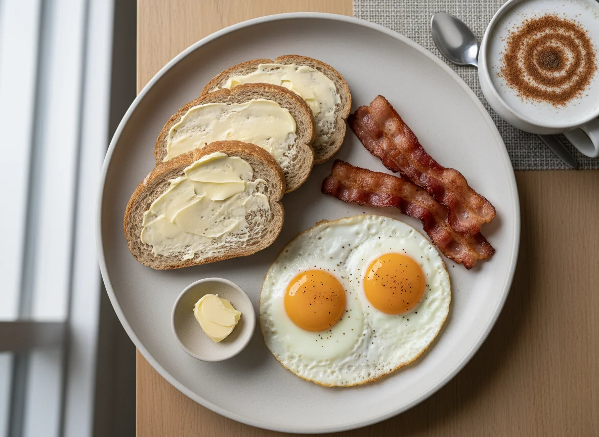 Pequeno-almoço com ovos estrelados, bacon, pão e café com leite photo