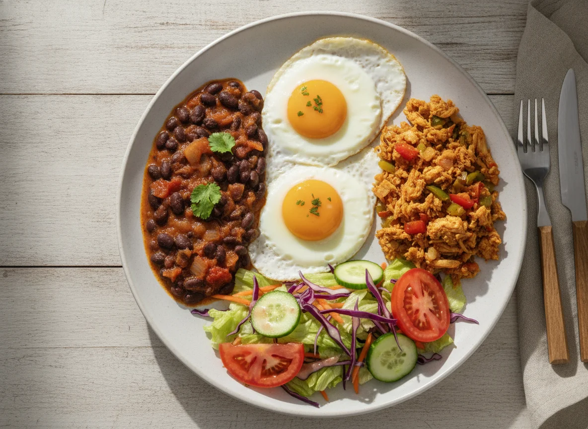 Pequeno-almoço com ovos estrelados, feijão e salada photo