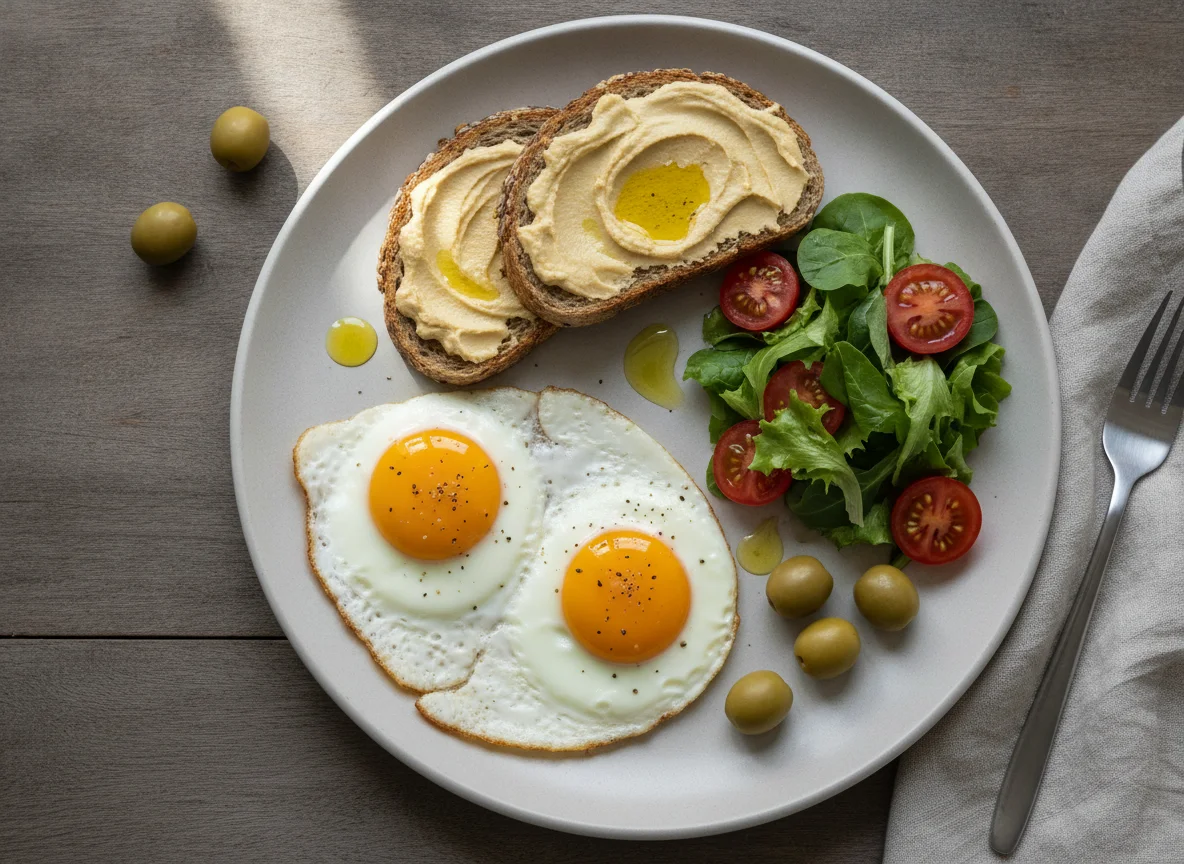 Pequeno-almoço com ovos estrelados, pão de sementes e salada photo