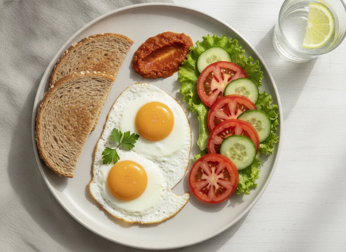 Pequeno-almoço com ovos estrelados, pão integral e vegetais photo