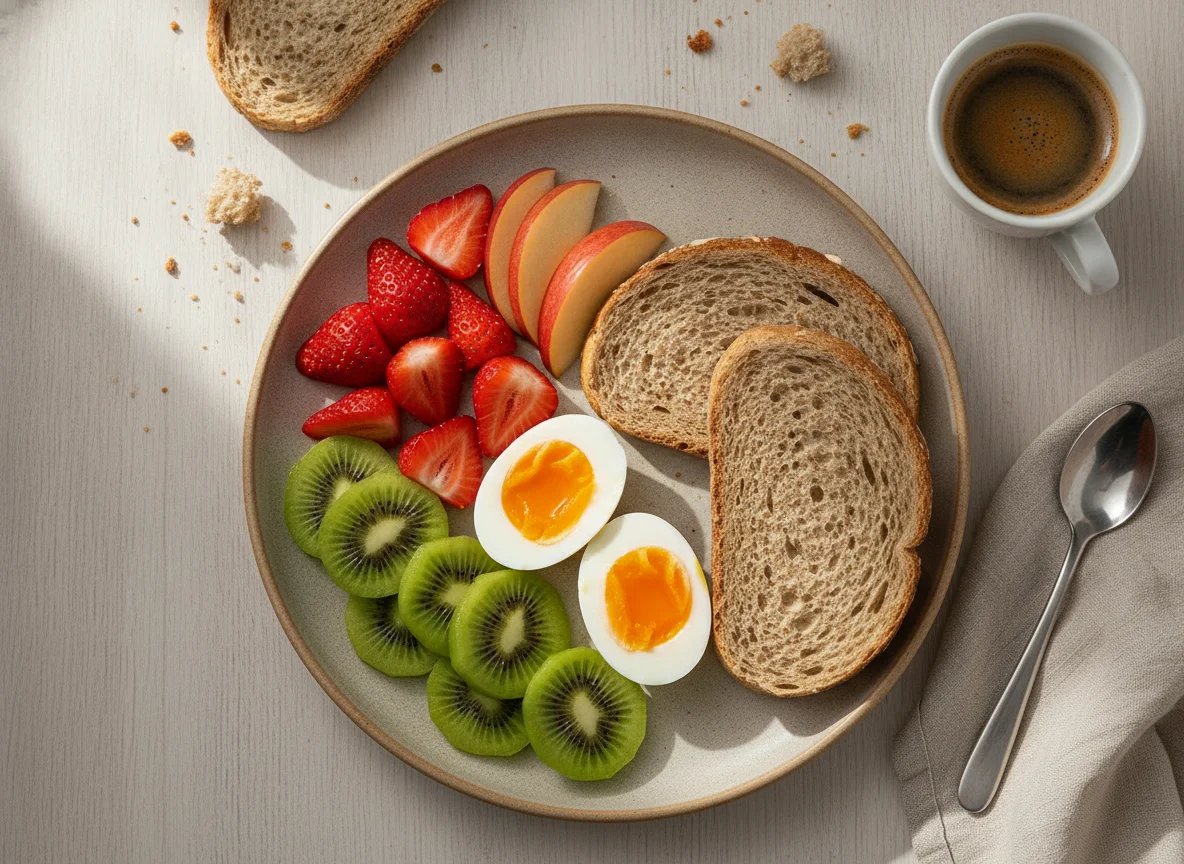 Pequeno-almoço com ovos, fruta e pão photo