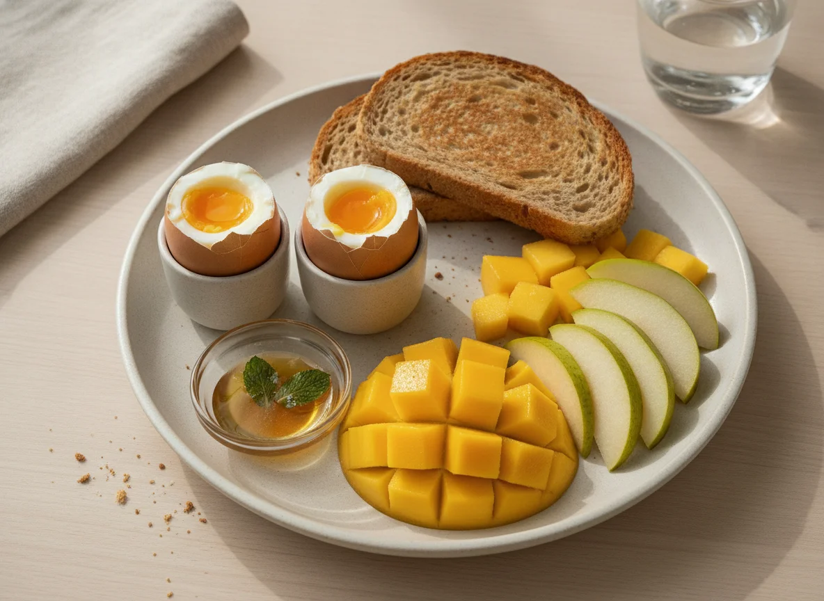 Pequeno-almoço com ovos, fruta e torrada photo
