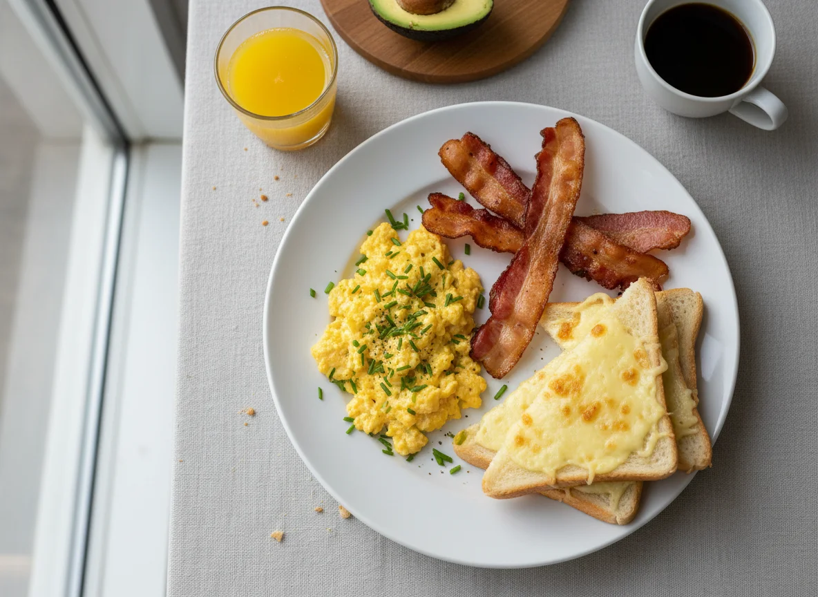 Pequeno-almoço com ovos mexidos, bacon e torrada com queijo photo