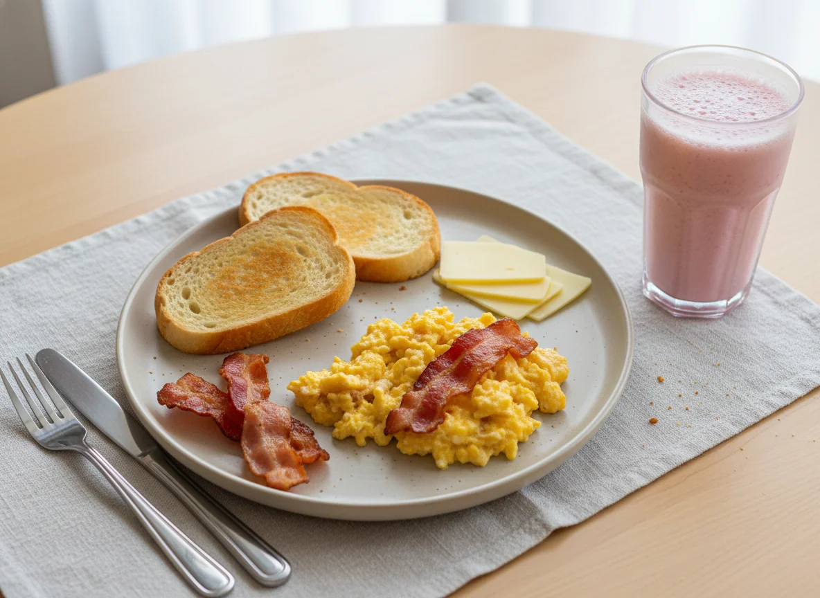 Pequeno-almoço com ovos mexidos, bacon e tosta photo