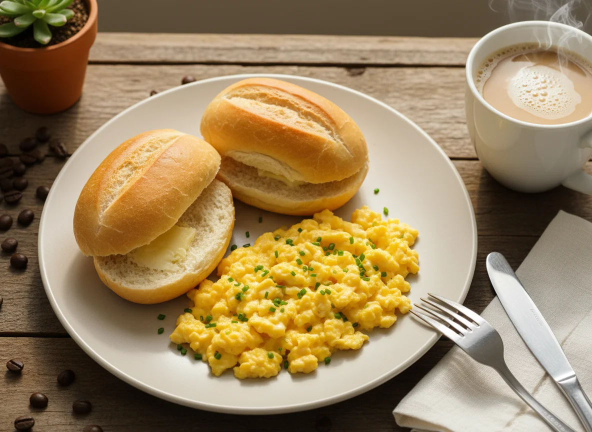 Pequeno-almoço com ovos mexidos e pão photo