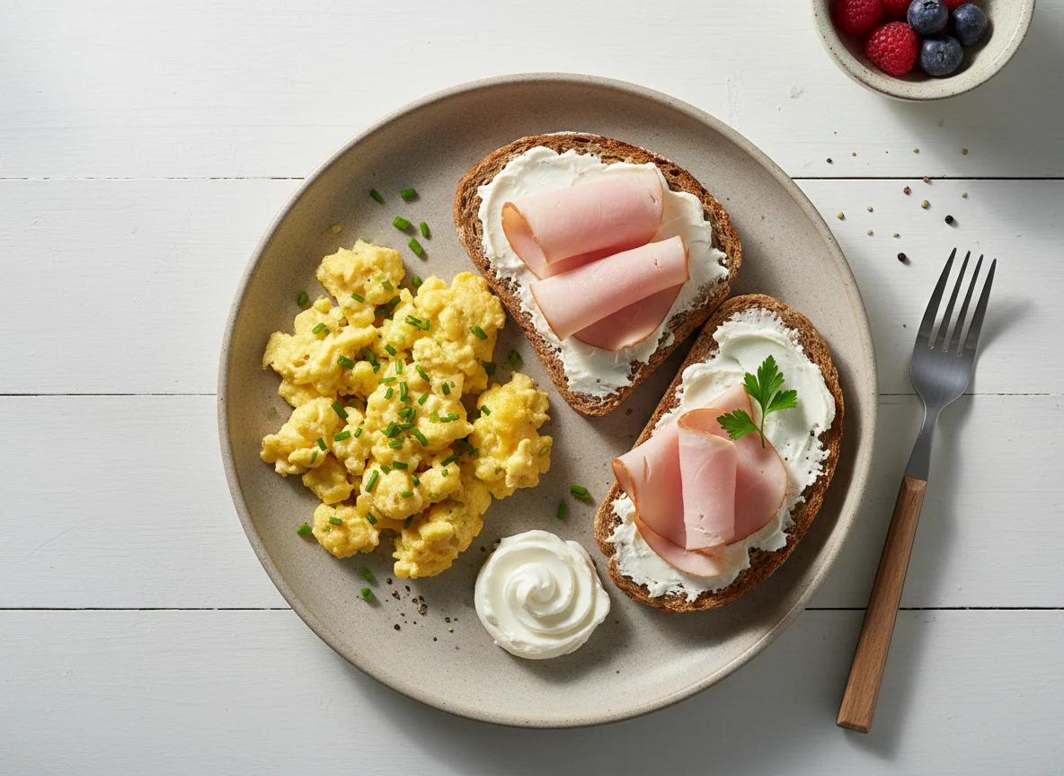 Pequeno-almoço com ovos mexidos e tosta photo