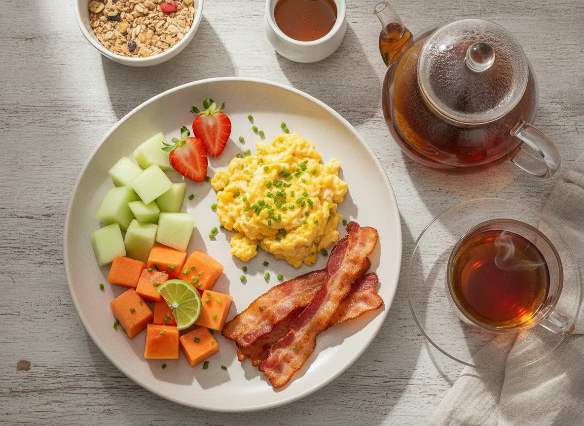 Pequeno-almoço com ovos mexidos, frutas e chá photo
