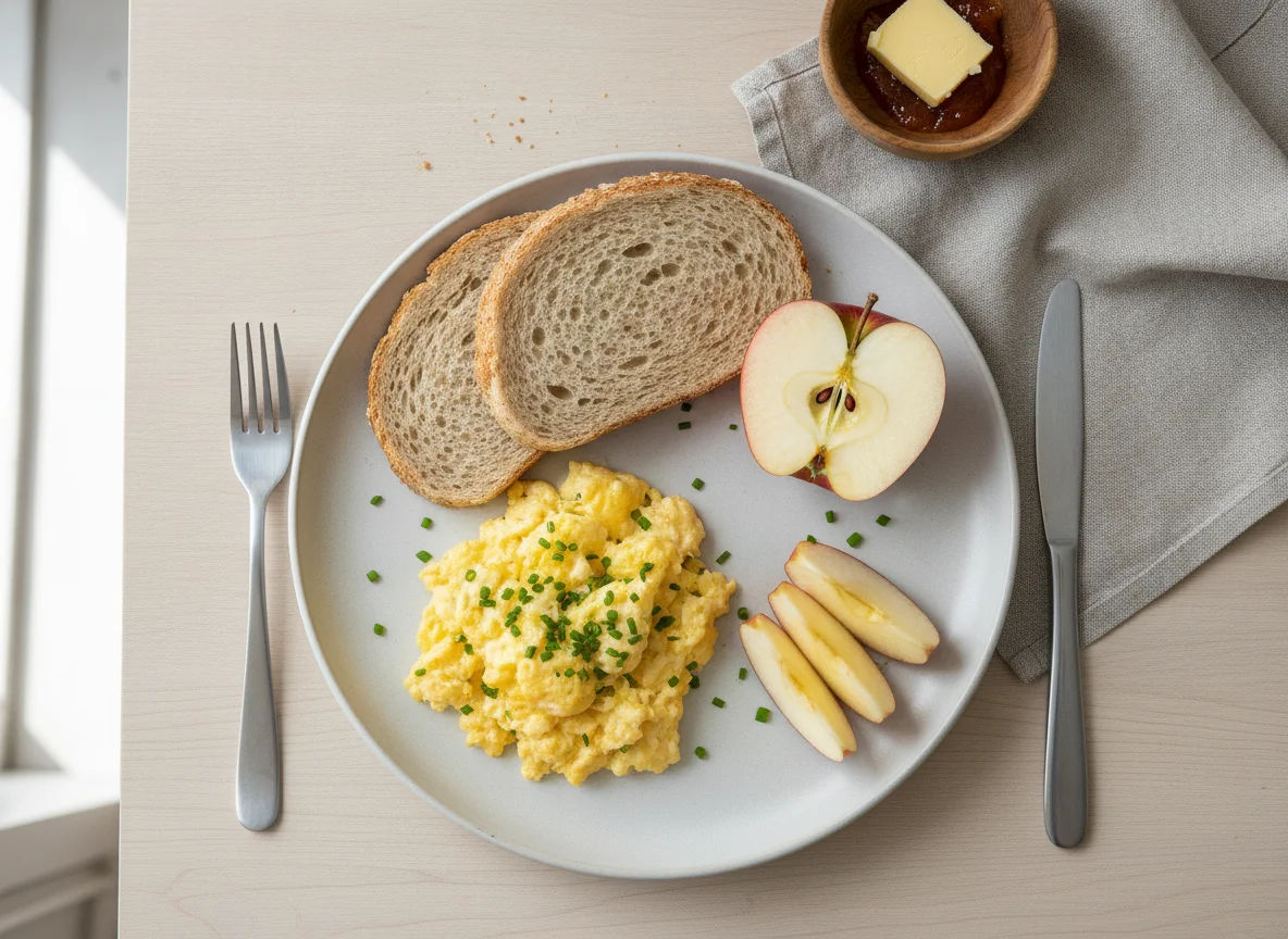 Pequeno-almoço com ovos mexidos, pão e maçã photo