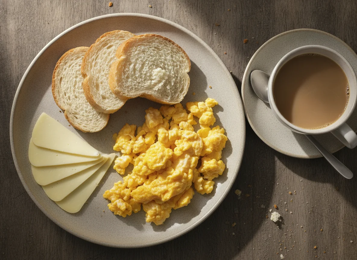 Pequeno-almoço com ovos mexidos, pão, queijo e café photo