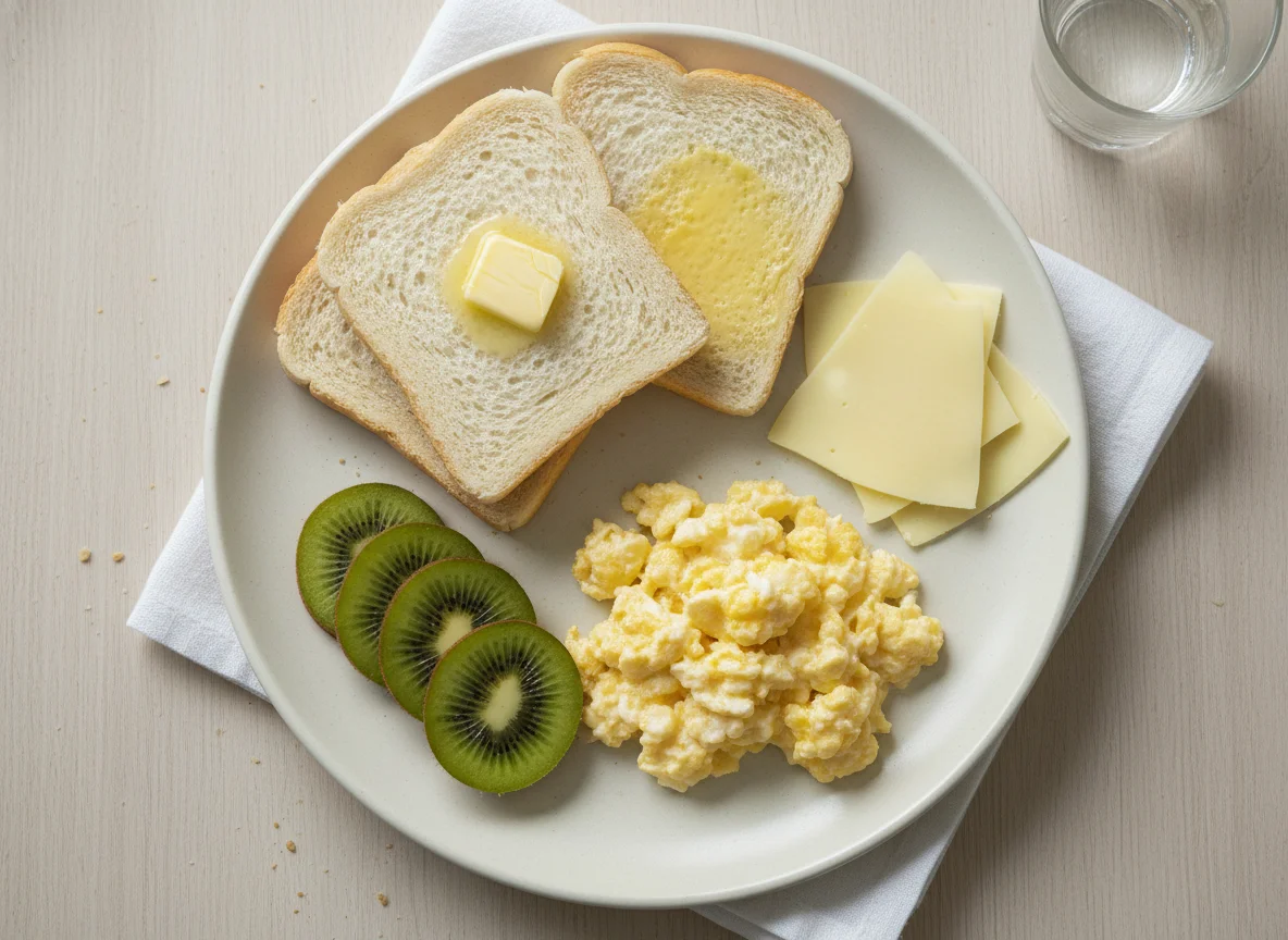 Pequeno-almoço com ovos mexidos, queijo e kiwi photo