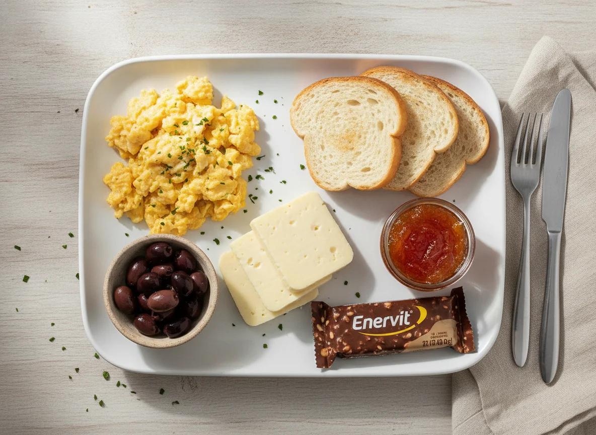 Pequeno-almoço com ovos mexidos, queijo, marmelada e barrita de proteína photo