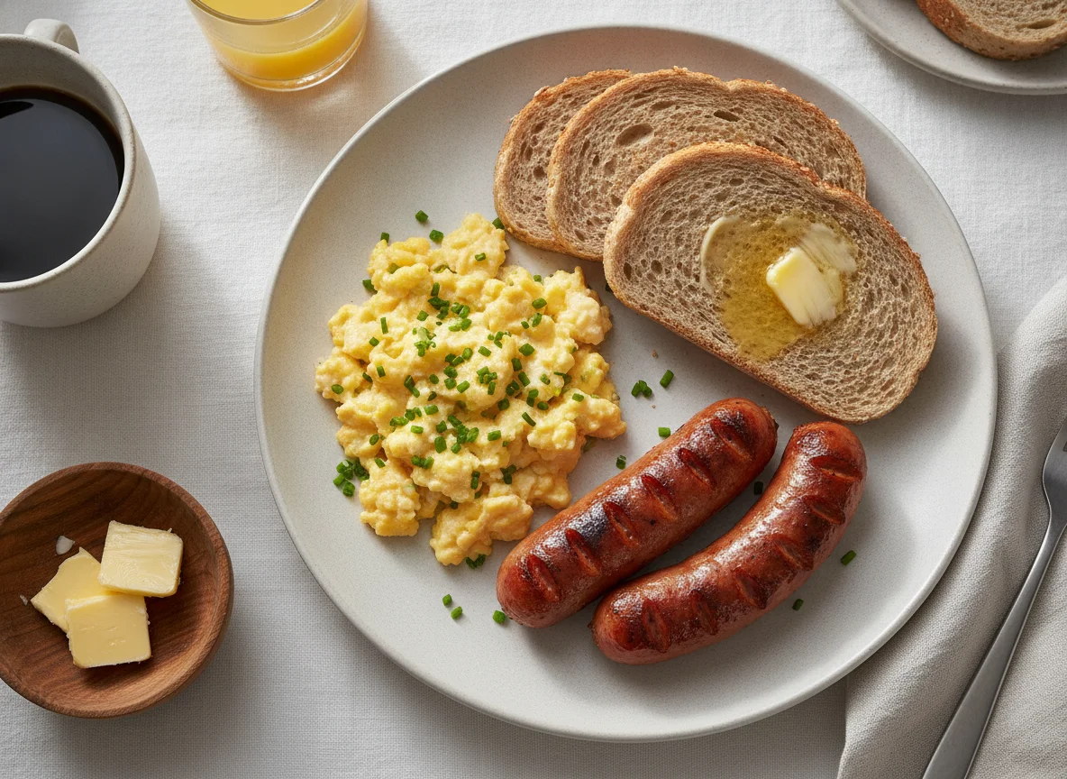 Pequeno-almoço com ovos mexidos, salsichas e pão photo