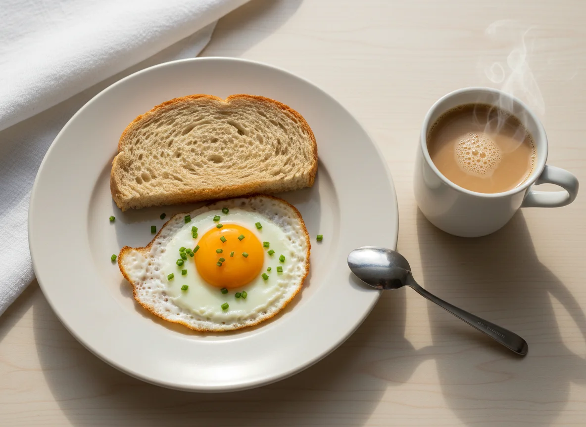 Pequeno-almoço com ovos, pão e café com leite photo
