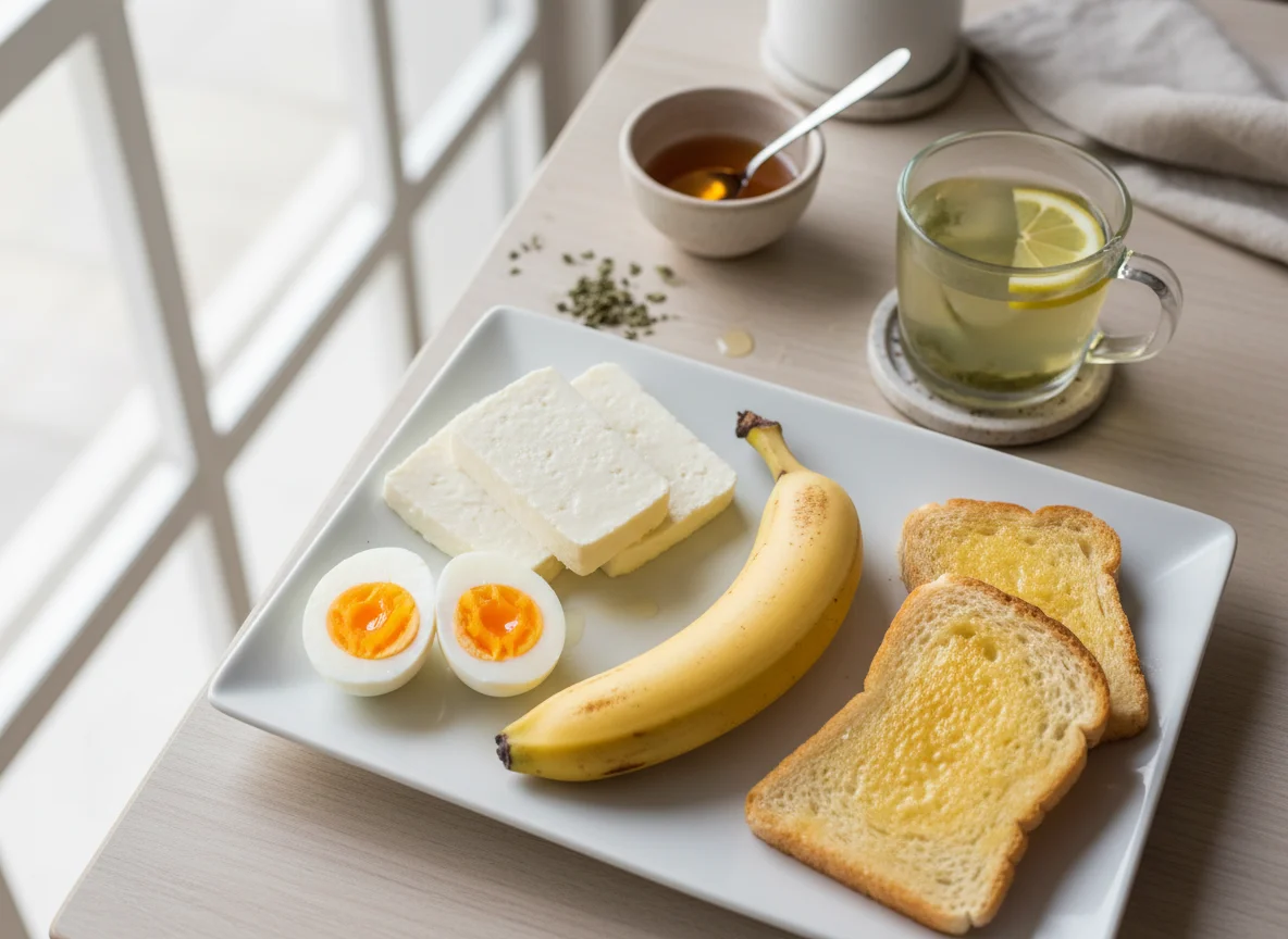 Pequeno-almoço com ovos, queijo, banana e torradas photo