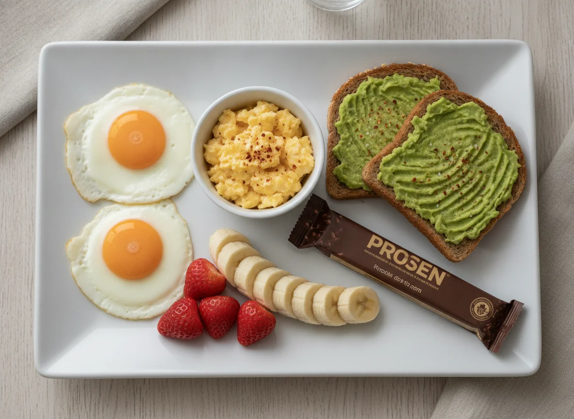 Pequeno-almoço com ovos, tosta de abacate, fruta e barra de proteína photo