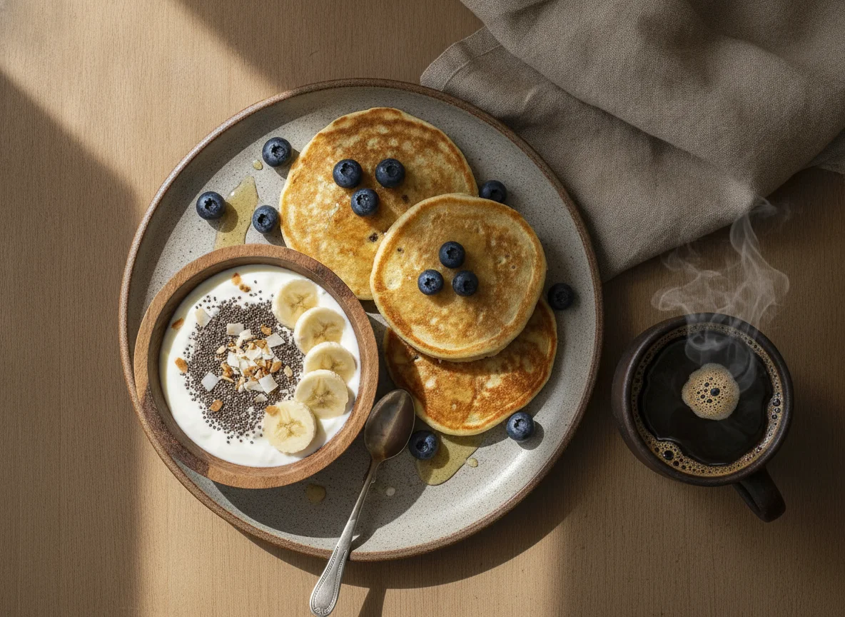 Pequeno-almoço com panquecas de aveia, iogurte com chia e café photo