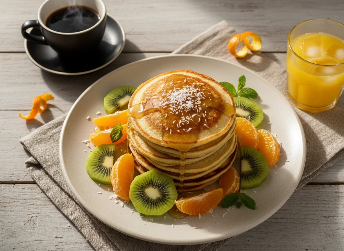 Pequeno-almoço com panquecas e fruta photo