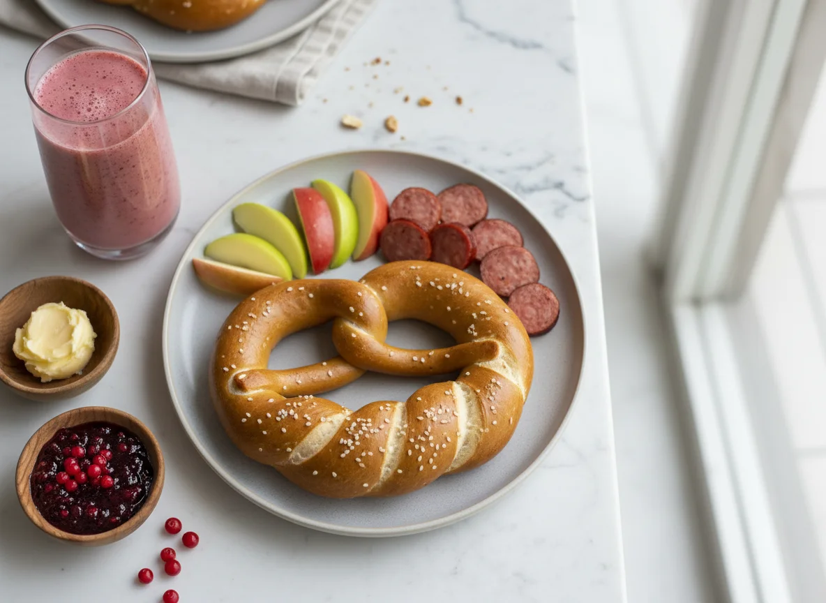 Pequeno-almoço com pretzel e fruta photo