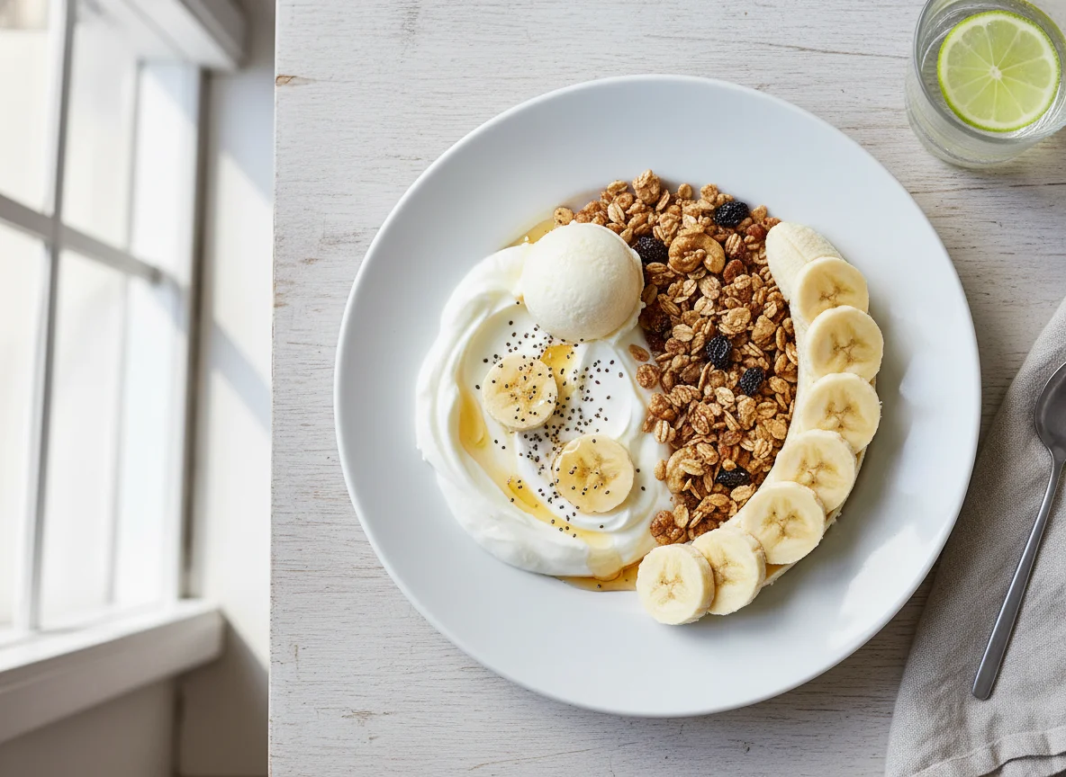 Pequeno-almoço com proteína, cereais, iogurte e banana photo