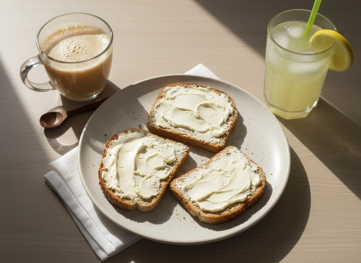 Pequeno-almoço com torradas e bebidas photo