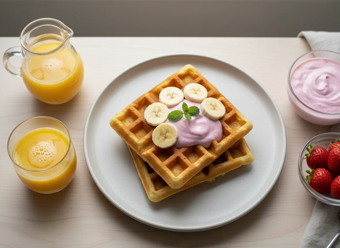 Pequeno-almoço com waffles, sumo e iogurte photo