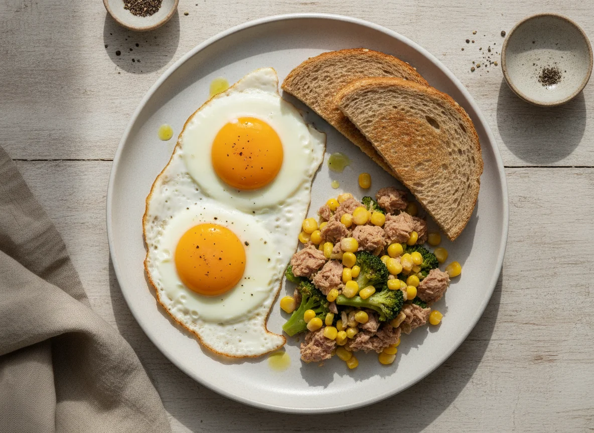Pequeno-almoço de ovos estrelados com pão integral e salteado de atum e brócolos photo