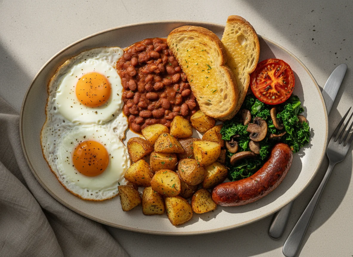 Pequeno-almoço frito com ovos, batatas e feijão photo