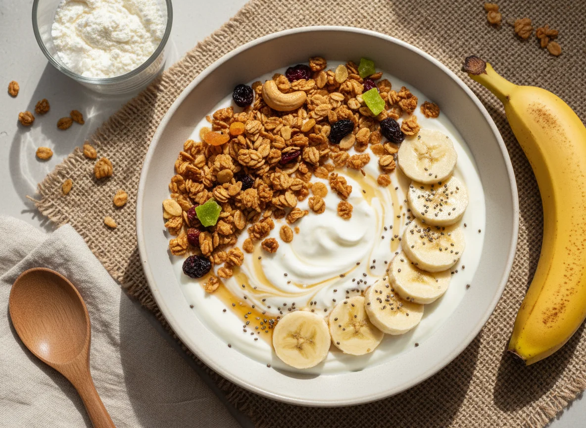 Pequeno-almoço ou lanche com proteína, granola, iogurte e banana photo