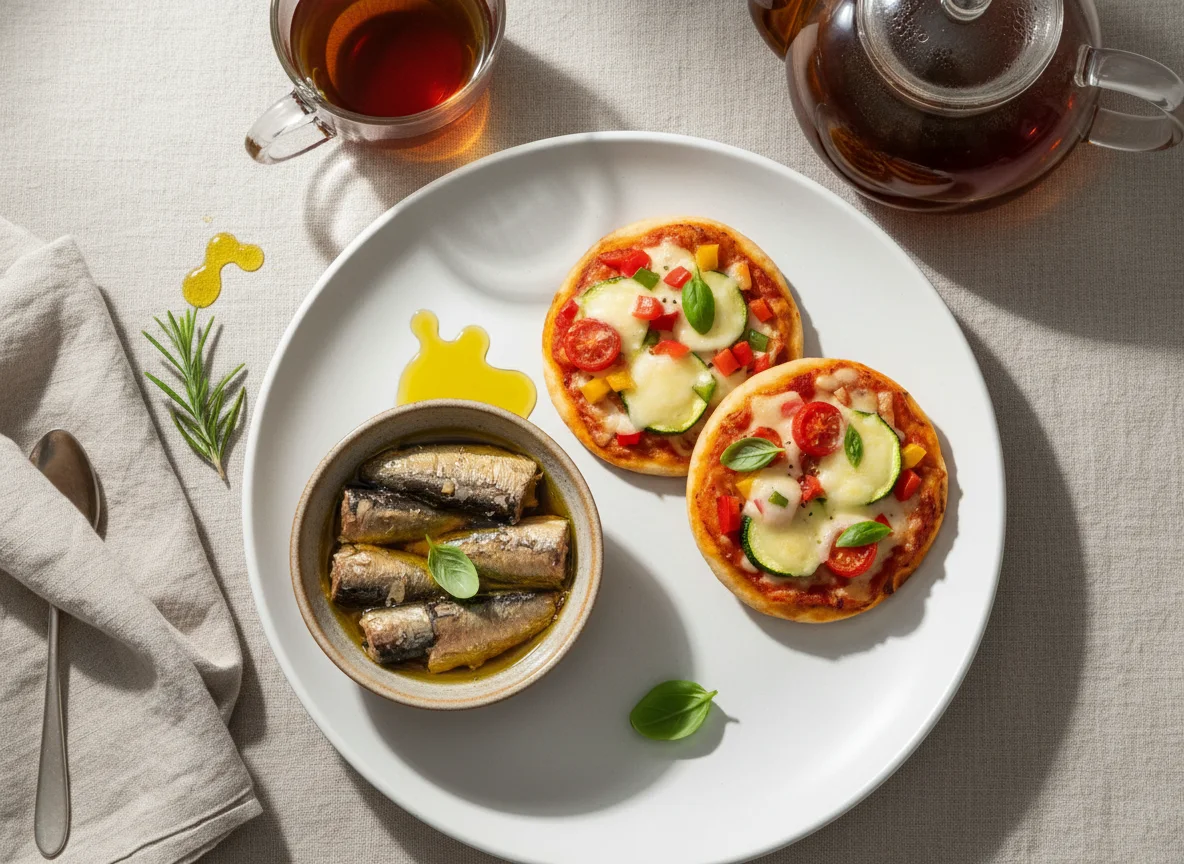 Pequeno-almoço ou lanche com sardinhas e mini-pizzas photo