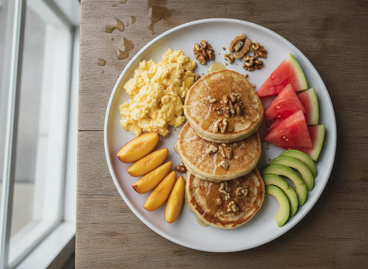 Pequeno-almoço variado com panquecas, ovos e fruta photo