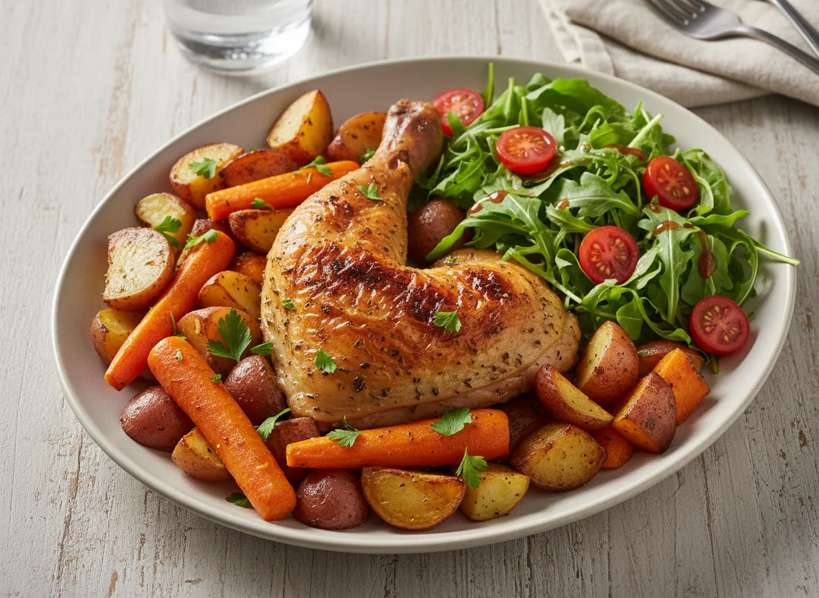 Perna de frango assada com batatas, cenouras e salada photo