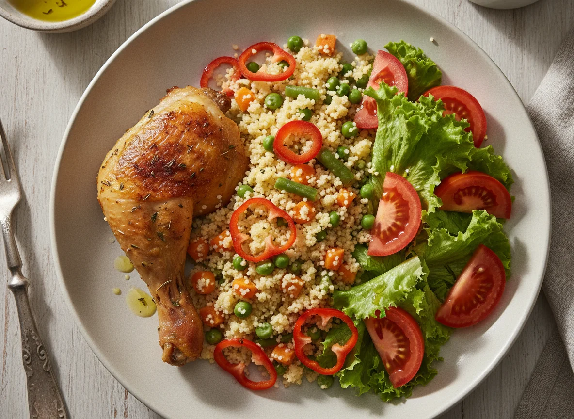 Perna de frango assada com cuscuz de vegetais e salada photo