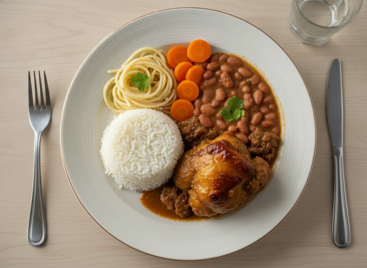 Pernil cozido com arroz, feijão, macarrão e cenoura photo