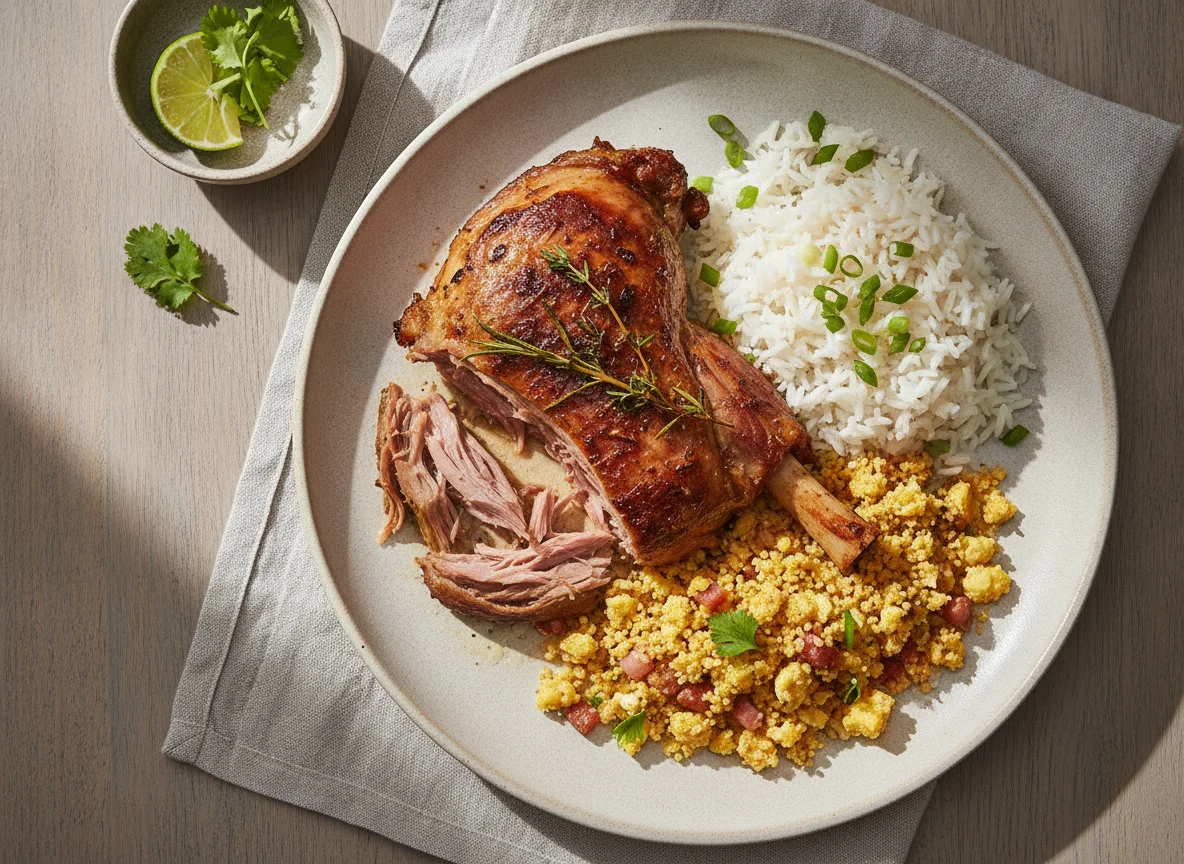 Pernil de cordeiro com arroz e farofa de ovos photo