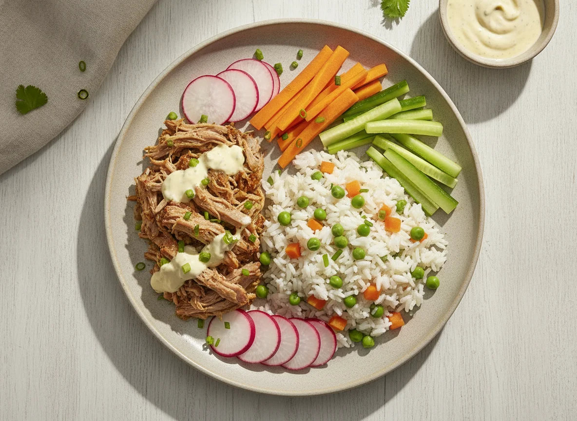 Pernil desfiado com arroz de ervilhas e vegetais frescos photo