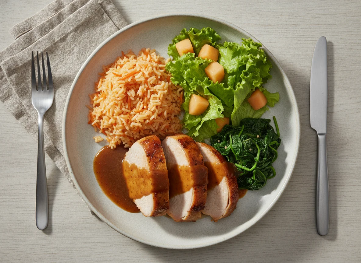 Peru assado com arroz, espinafres e salada photo