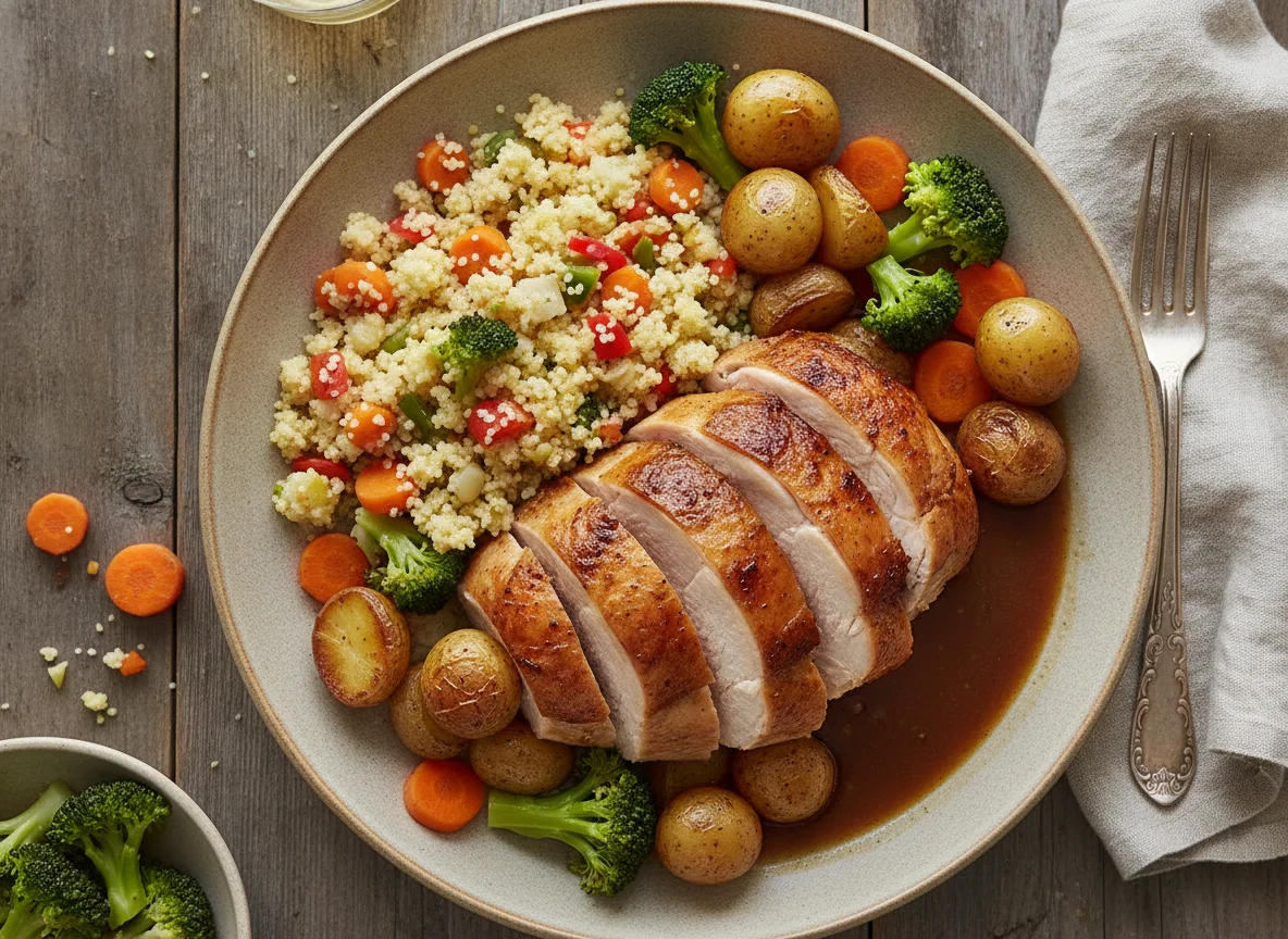 Peru assado com cuscuz de legumes e batatas photo