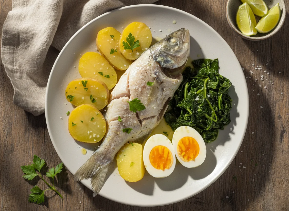 Pescada cozida com batatas, couve e ovo photo