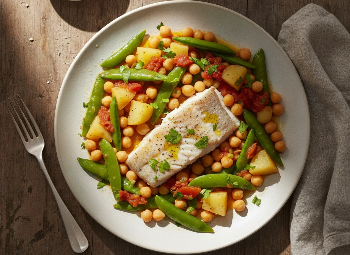 Pescada cozida com grão-de-bico e legumes photo