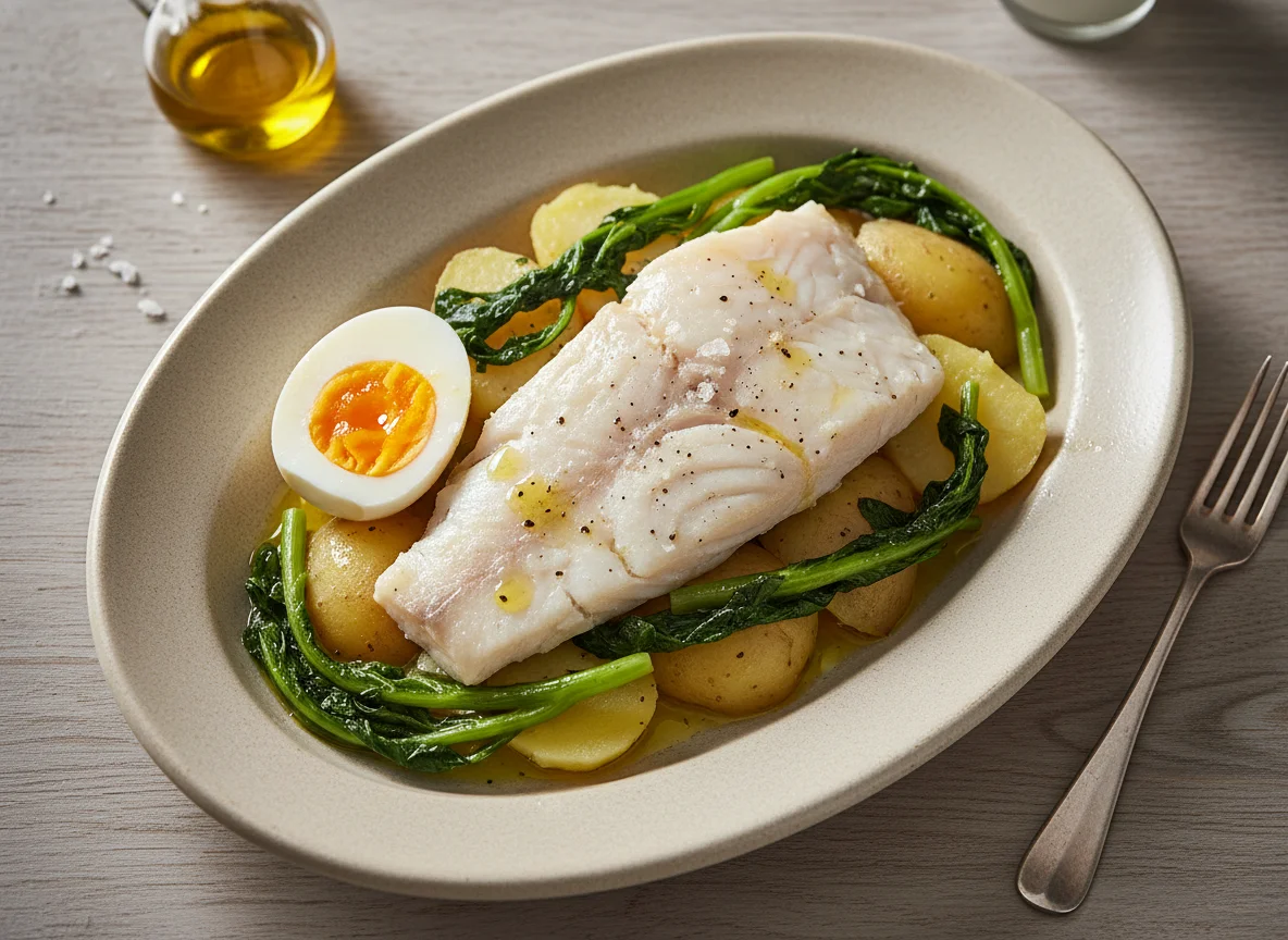Pescada cozida com ovo, batata e grelos photo