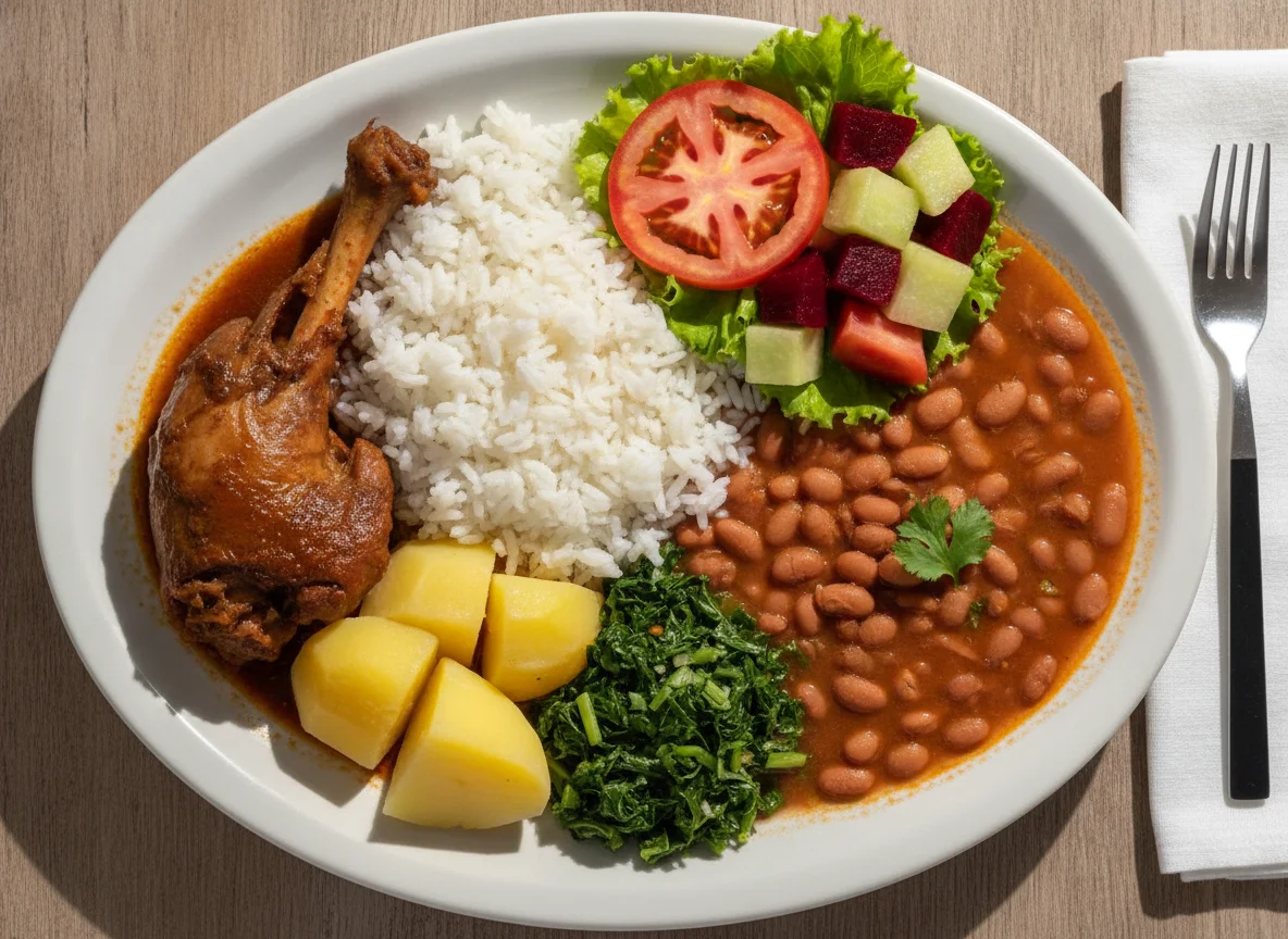 Pescoço de peru com arroz, feijão, batatas e salada photo