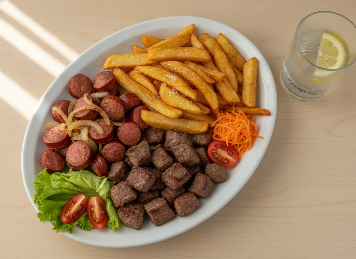 Petisco de Linguiça com Batata Frita e Carne photo