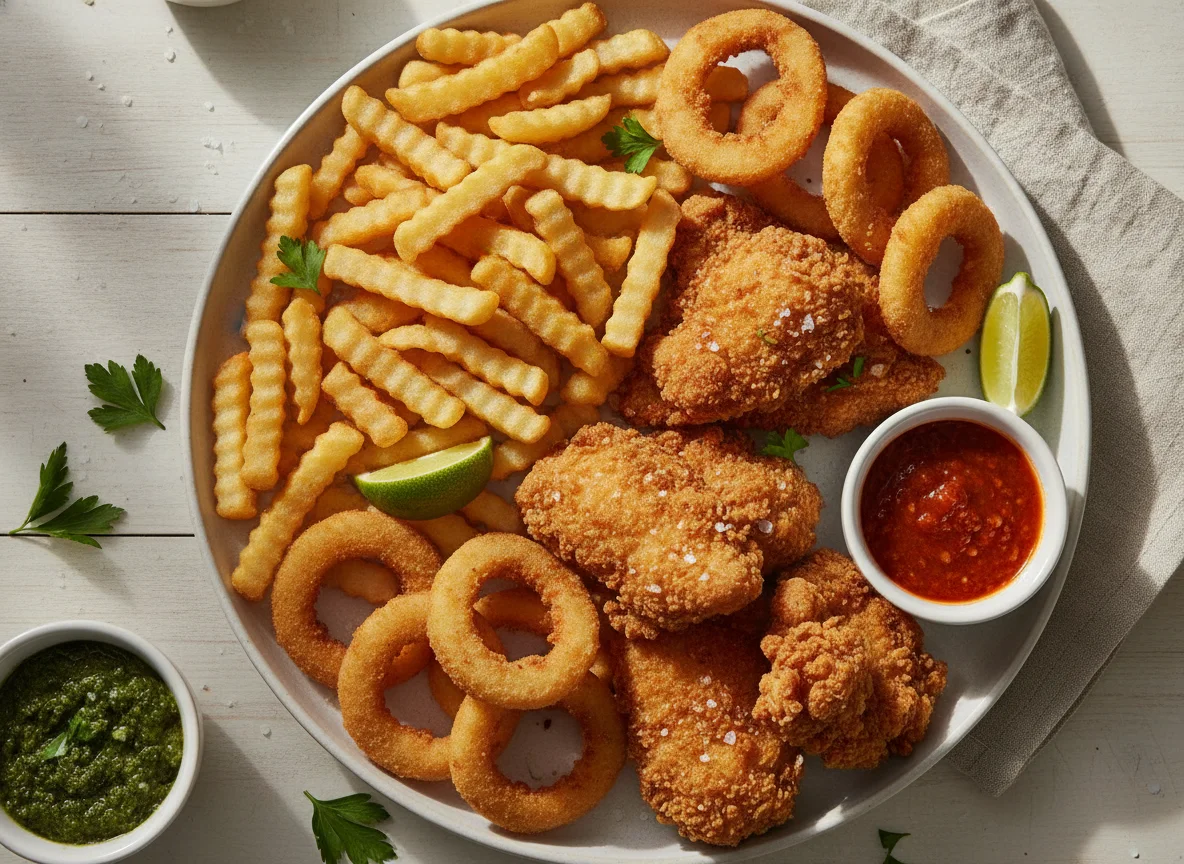 Petiscos variados (frango frito, batata frita e anéis de cebola) photo